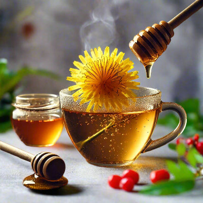 A steaming cup of Dandelion Wolfberry Tea with fresh herbs and goji berries – Natural detox tea.